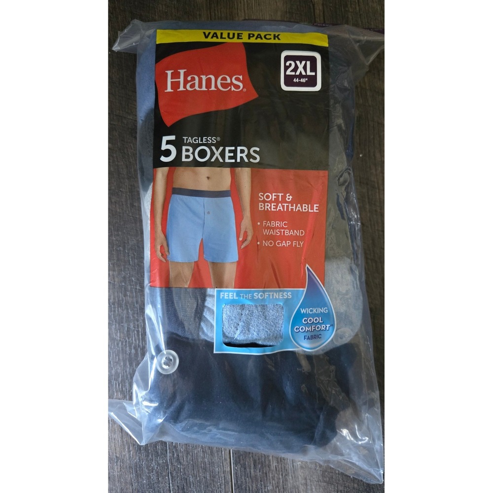 Hanes Mens Tagless Knit Boxers 5 Pack 2XL Blue Grey Black MKCBX5 New